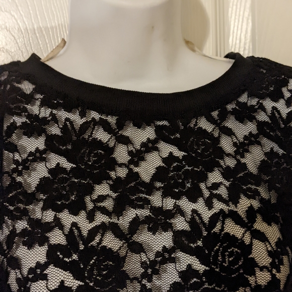 Ambiance Black Floral Lace Mesh Long Sleeve Stretchy Top L - Picture 4 of 4